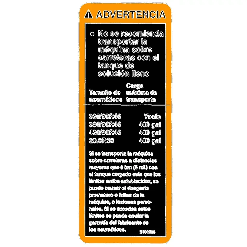John Deere Label, Warning Transport, Spanish - N302238