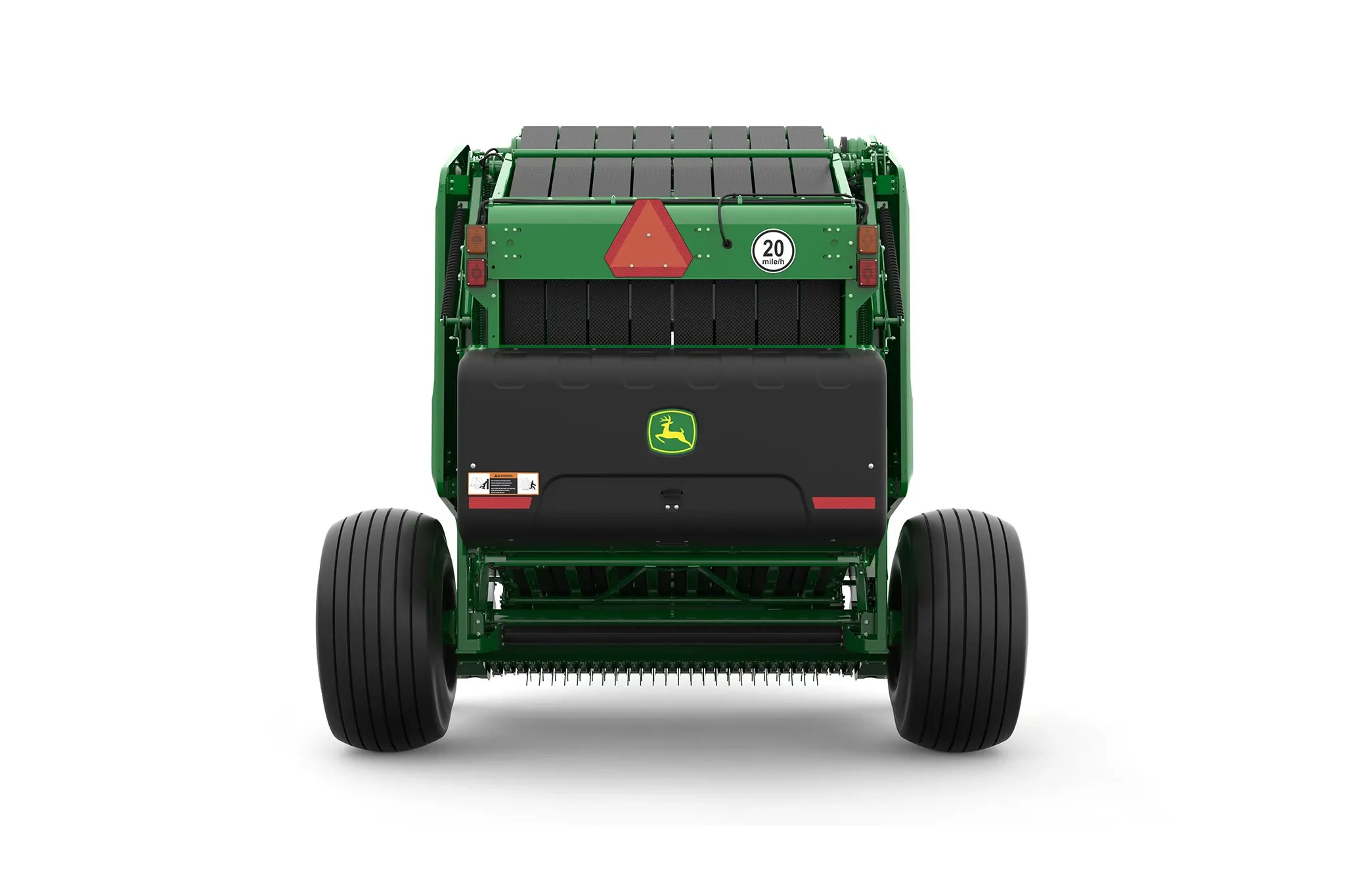Studio rendering of 561M round baler shown from the rear on a white background, featuring a green body, large black tires, rear compartment with John Deere logo, safety reflector, warning markings, and visible bale chamber belts.