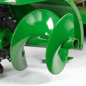 Studio close-up of the end of a DT11 series trencher's green discharge auger