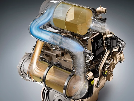 Partial cutaway of engine showing the inner flow of DOC, DPF, and SCR technology