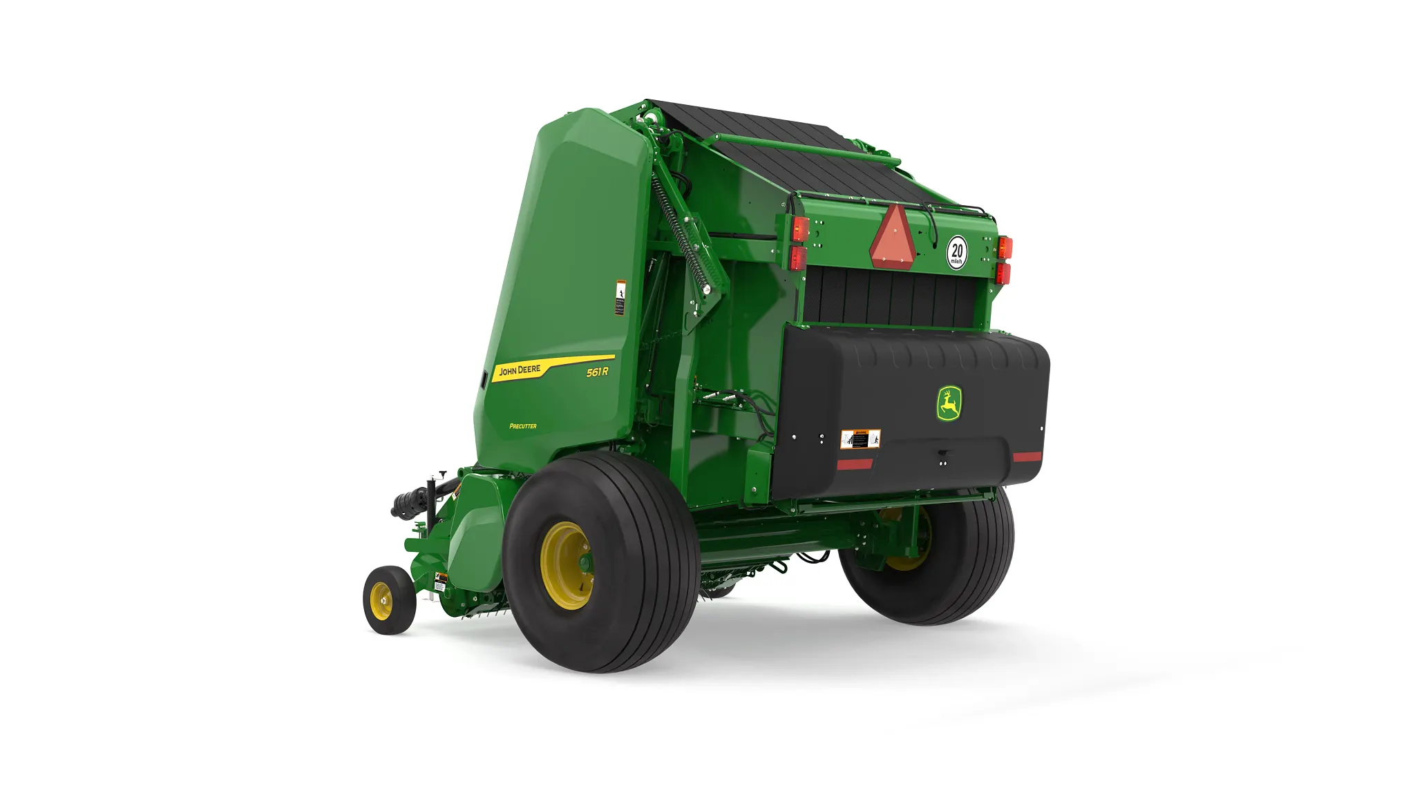 Rear three-quarter view of a John Deere 561R round baler with Precutter, featuring a green body, yellow wheels, rear safety markings, and black bale discharge panel on a white background