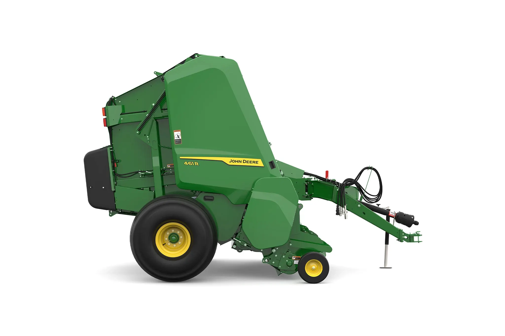 Studio rendering of 461R round baler shown in right-side profile on a white background, featuring a green body, yellow wheels, enclosed pickup assembly, rear bale chamber, hydraulic hoses, and front tow hitch