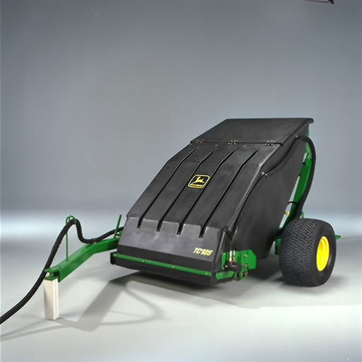 A tow‑behind material collection system with a black debris hopper, green frame, and large wheels, connected to a hitch and designed for collecting yard or ground material.