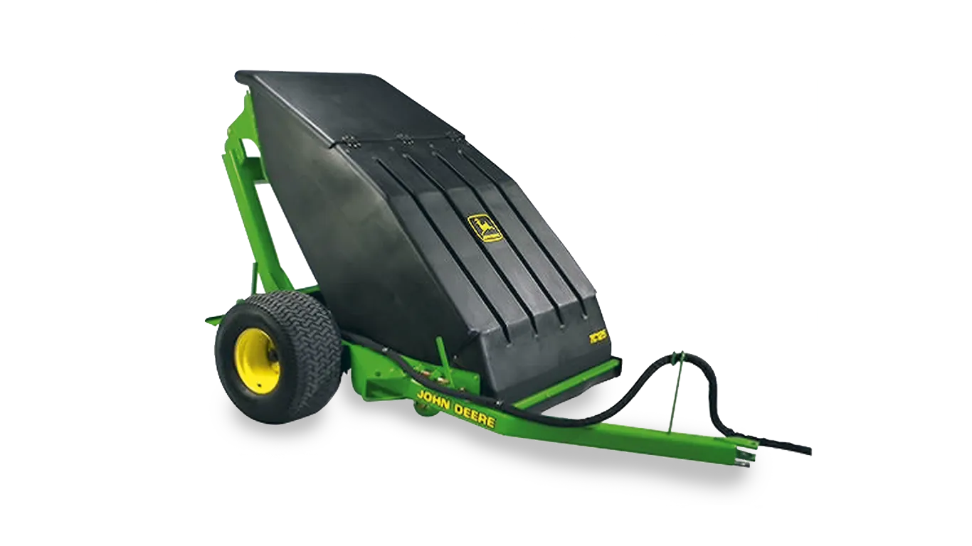 Turf debris vacuum trailer with large black collection hopper and wide turf tires, designed for golf course debris removal