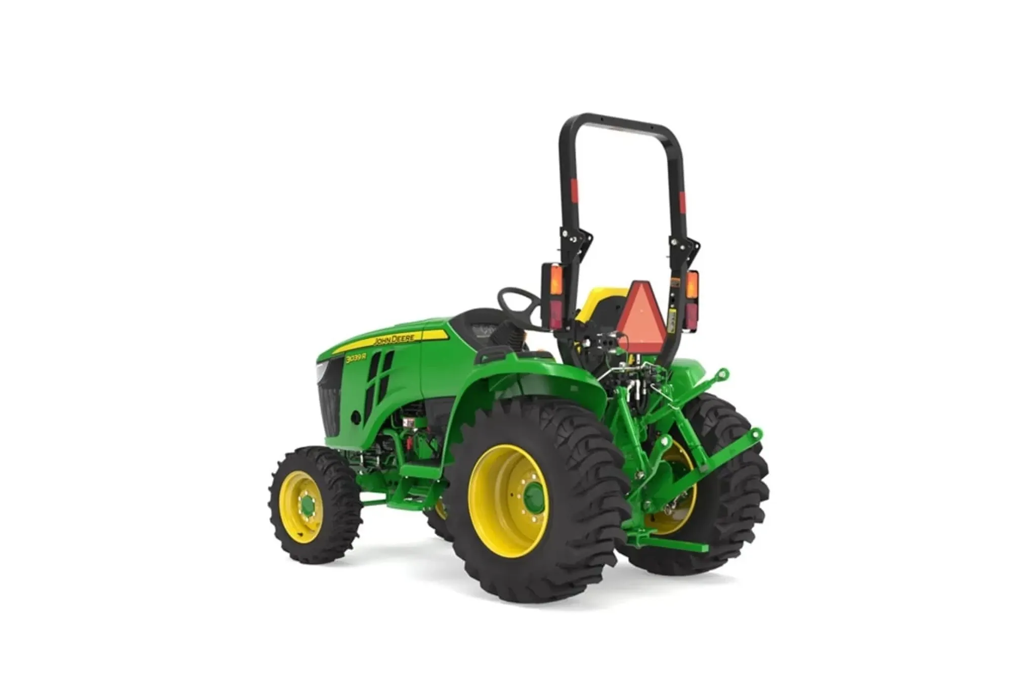 Studio image with a rear left view of 3039R Compact Tractor