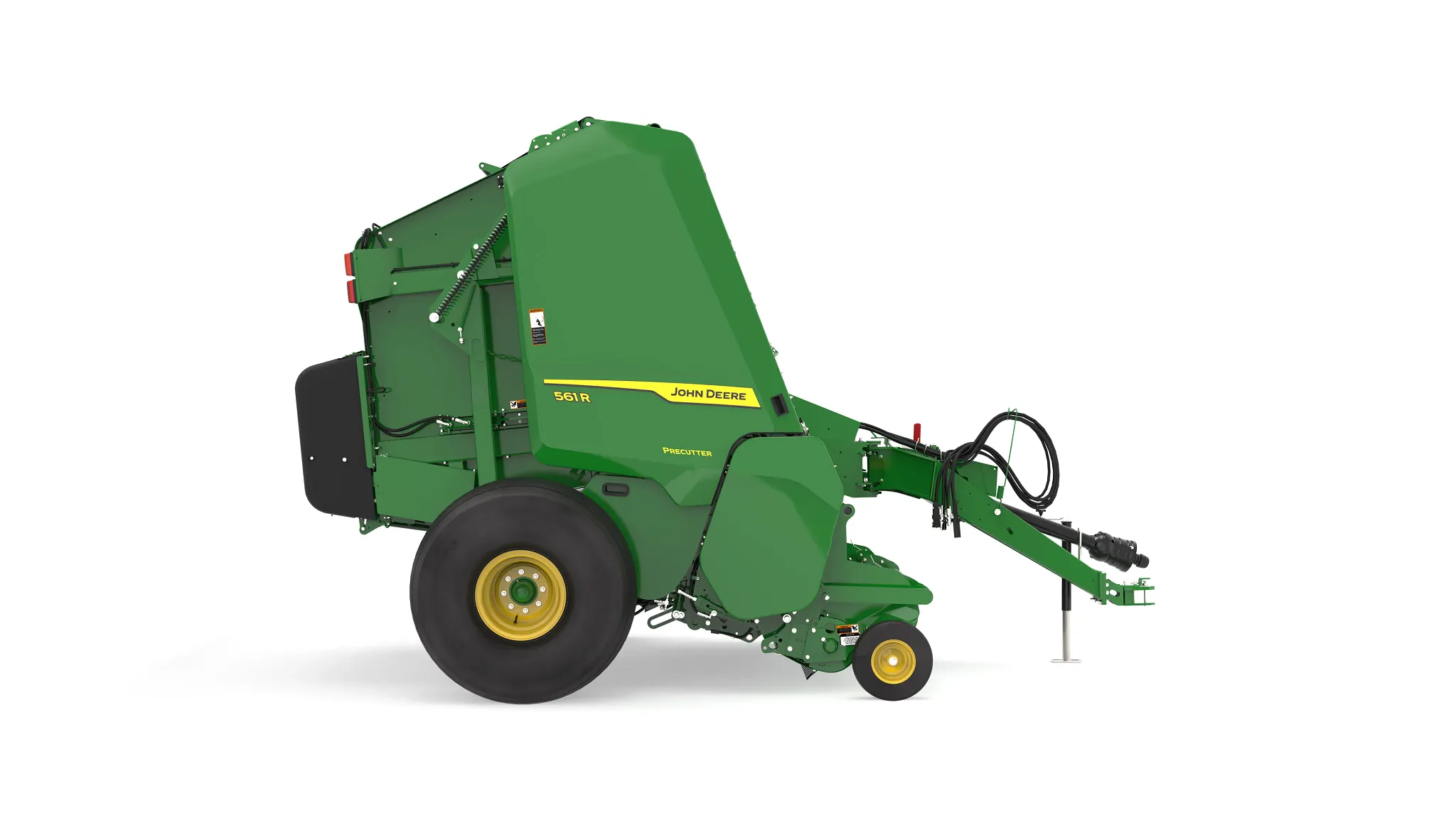 John Deere 561R round baler with Precutter attachment, shown in side profile on a white background, featuring a green body, yellow branding stripe, large rear tire, and front hitch assembly