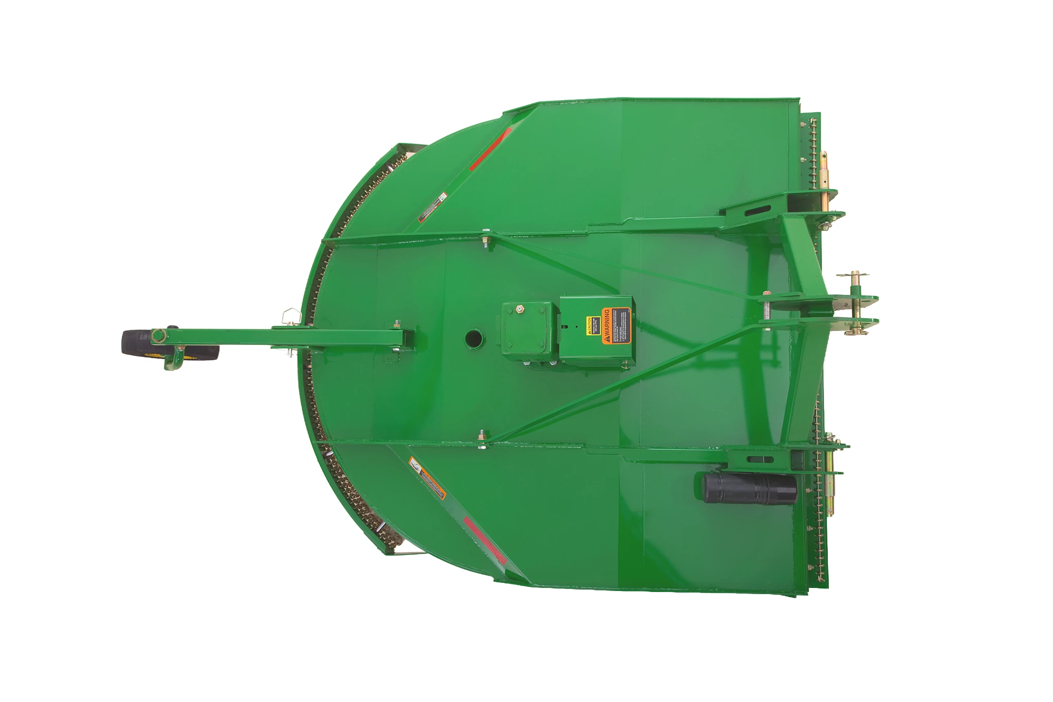 Top-down view of a green rotary cutter with a rounded deck, central gearbox, hitch arm, and protective safety labels on the surface