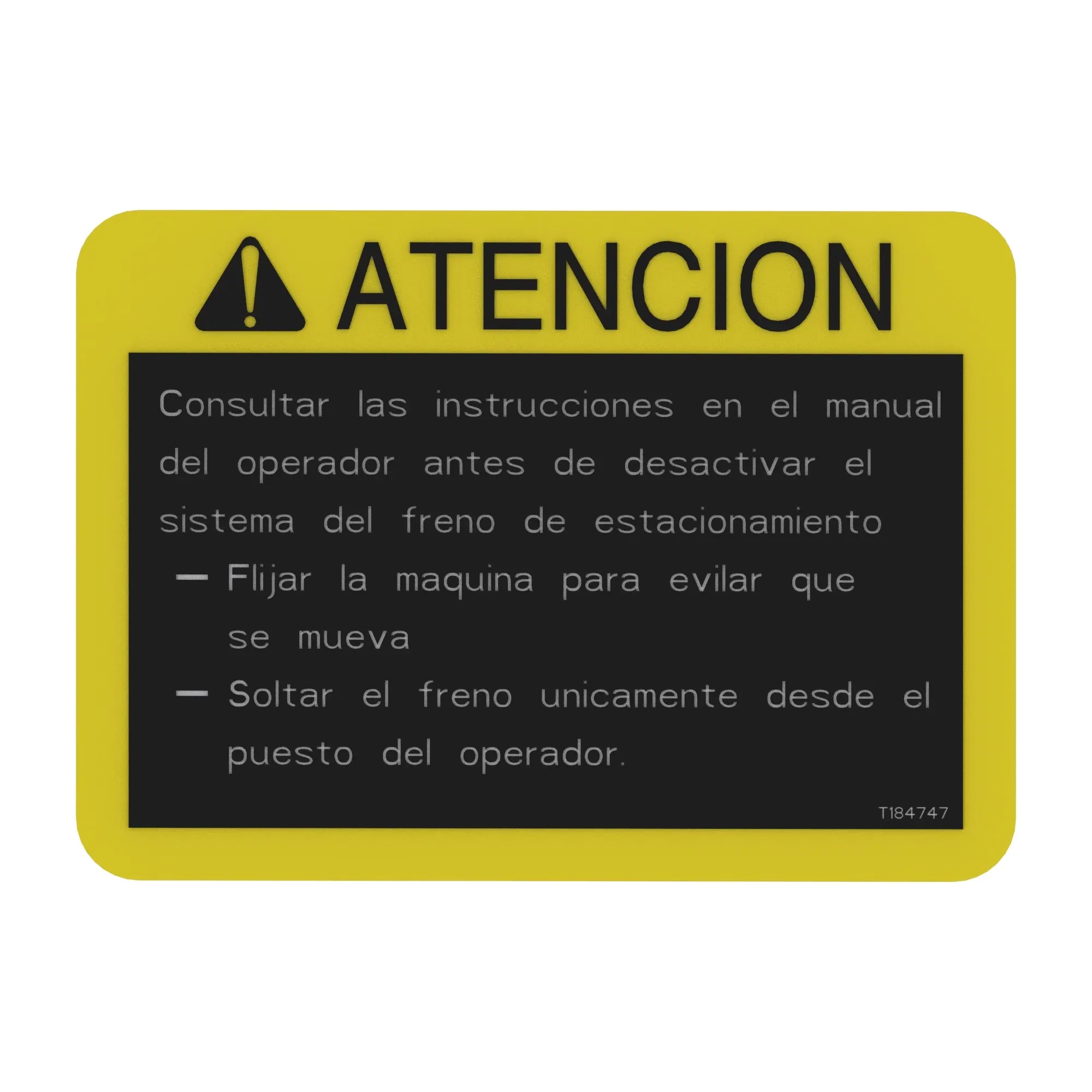John Deere Safety Sign, Park Brake Caution, Spanish - T184747