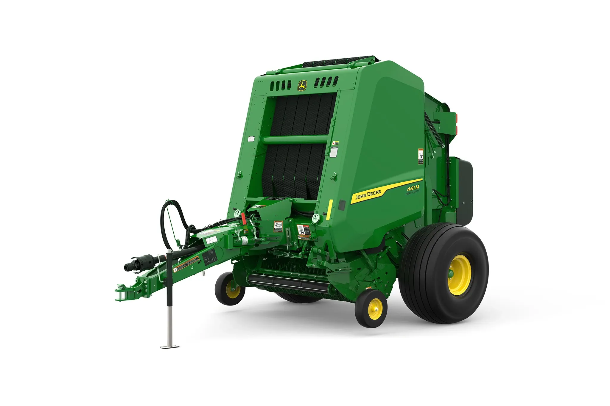 Studio rendering of 461M round baler shown from a front three-quarter angle on a white background, featuring a green body, yellow wheels, exposed pickup assembly, and front tow hitch