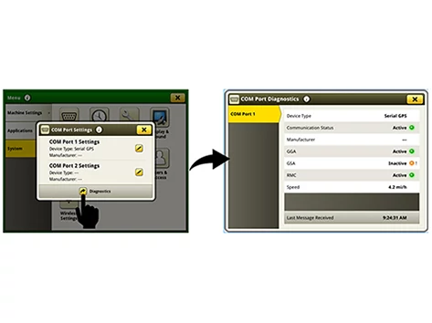Two G5 Universal Display screenshots of third-party diagnostics communication; RS232 Compatibility