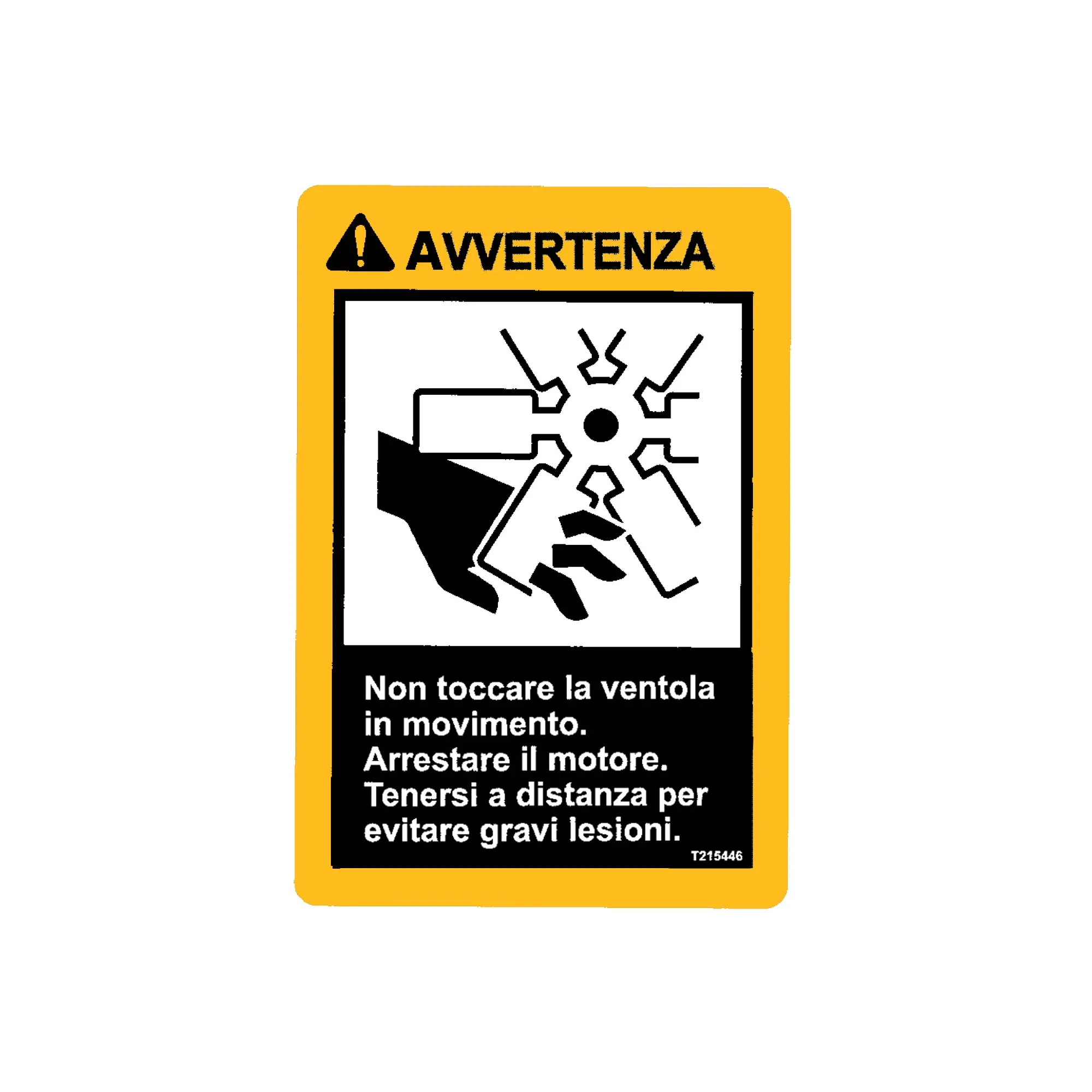 John Deere Fan Warning Decal, Italian - T215446