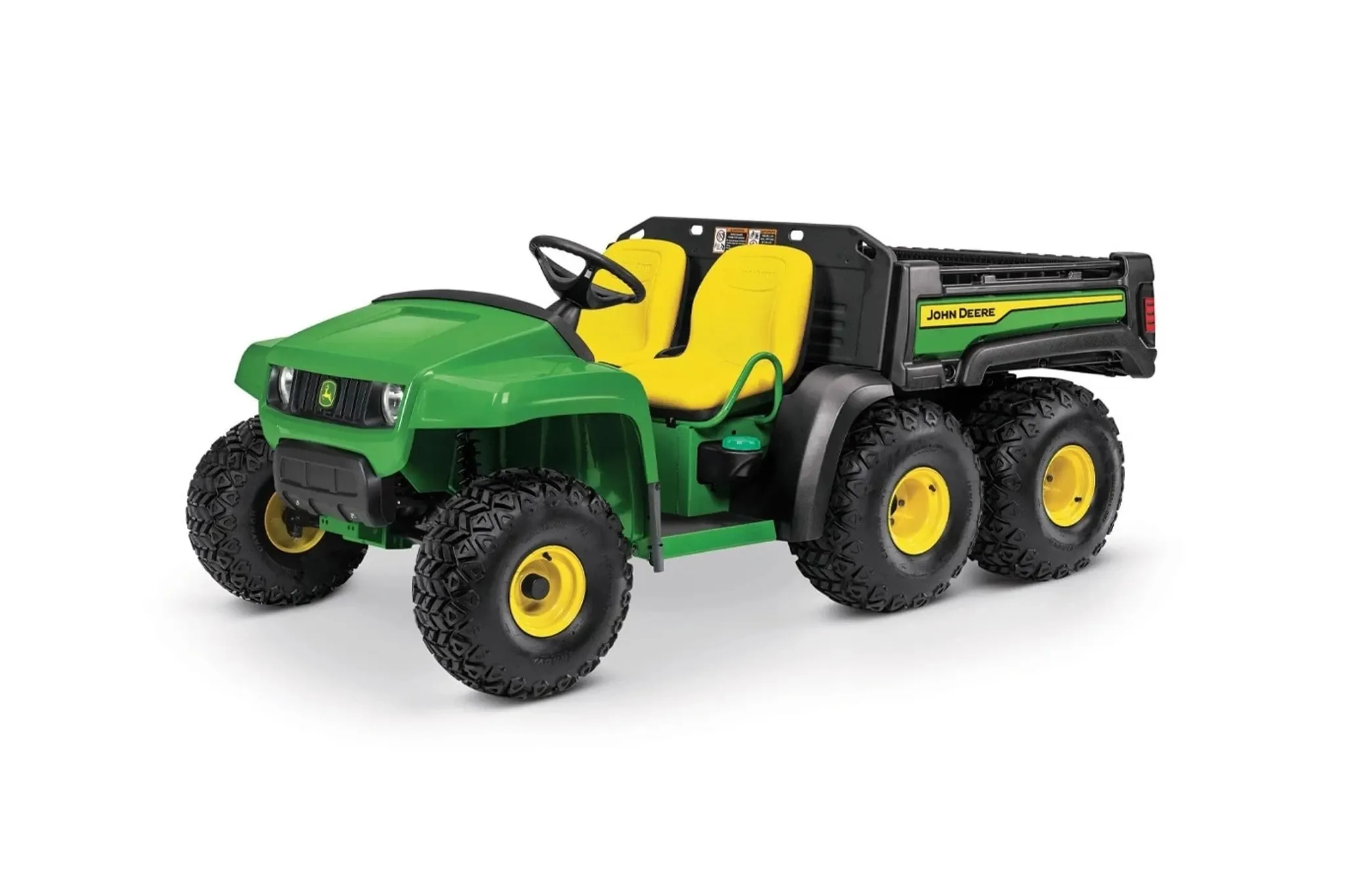 Front left studio view of a green and black XUV825M S4 Crossover Utility Vehicle, with open top, yellow seats, six wheels, and an open cargo box.