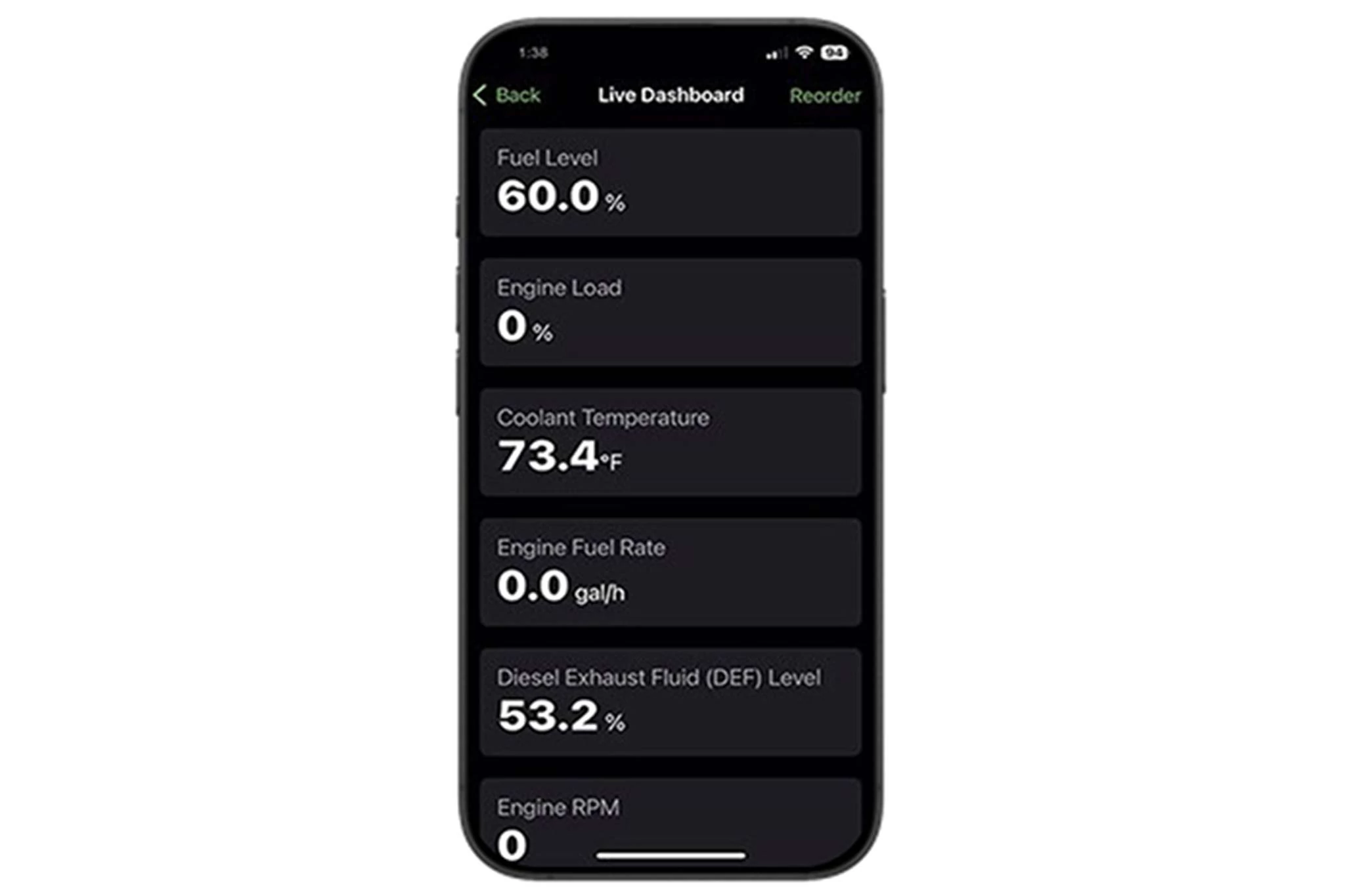 Black smartphone with the Live Equipment Dashboard pulled up in Equipment Mobile app