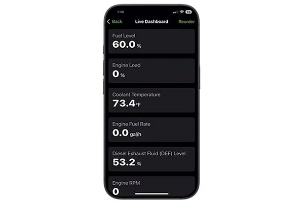 Black smartphone with the Live Equipment Dashboard pulled up in Equipment Mobile app