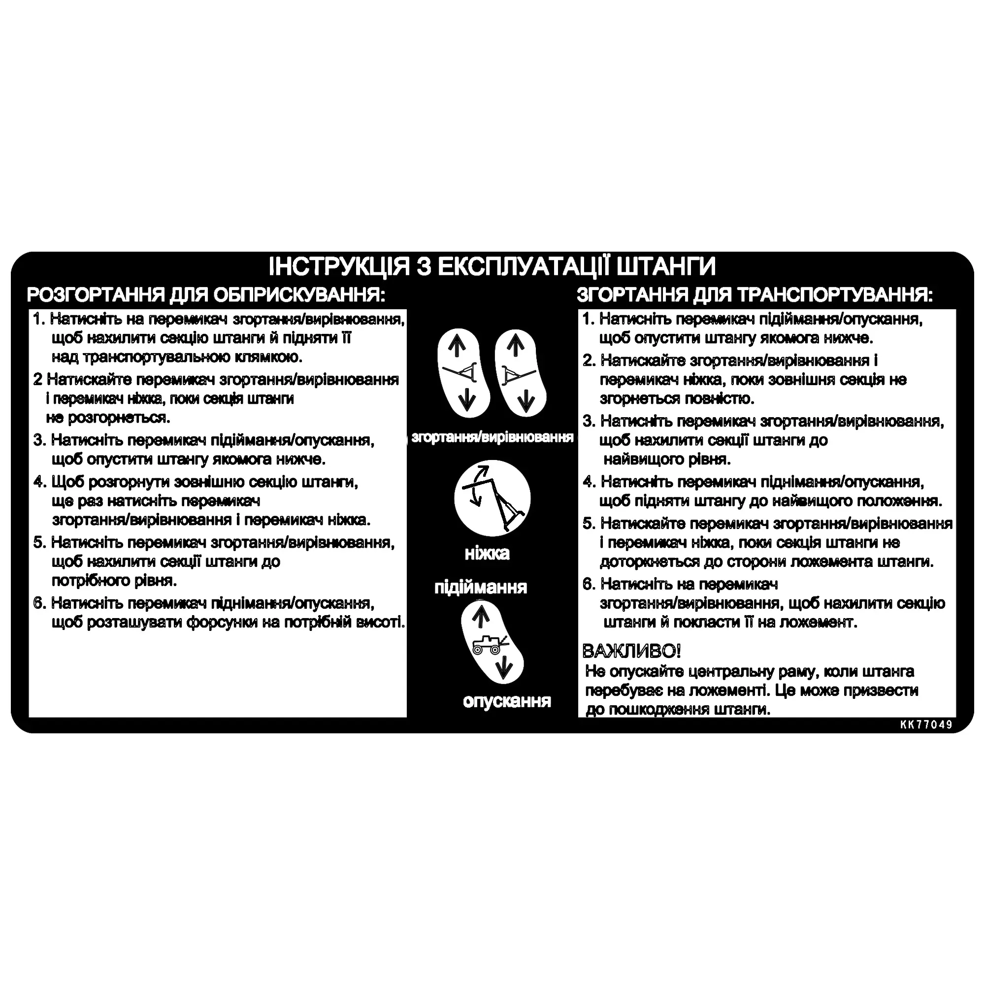 John Deere Boom Fold Instruction Label, Ukrainian - KK77049