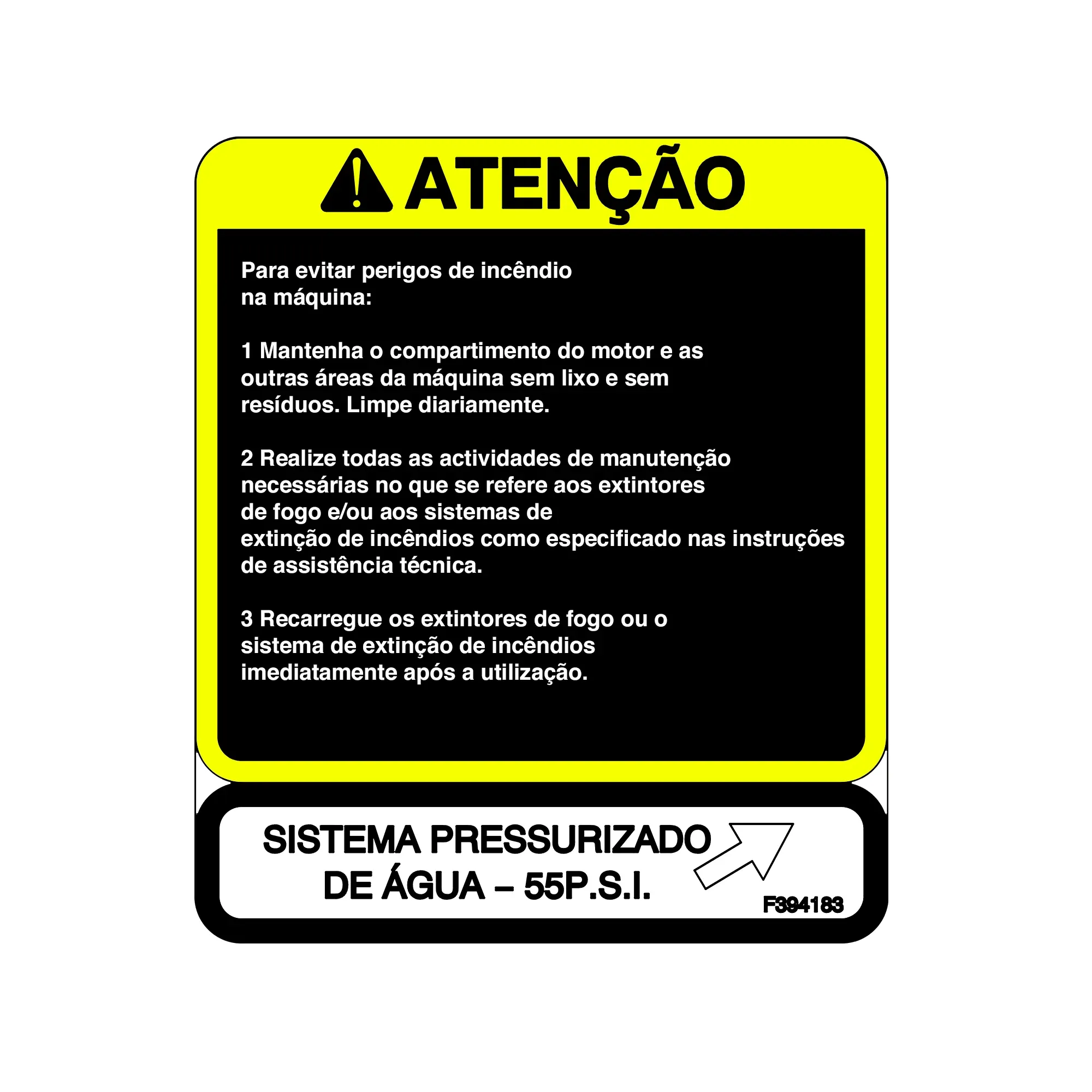 John Deere Fire Pressurized Tank Label, Portuguese - F394183