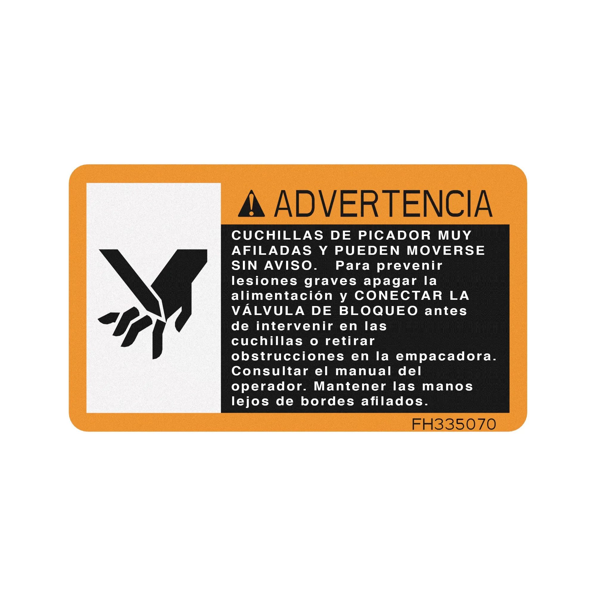 John Deere Label Knife and Warning Decal, Spanish - FH335070