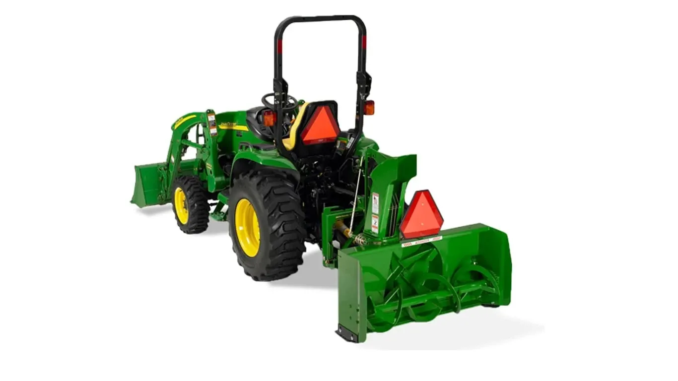 Rear left studio image of SB11 Snowblower attached to tractor