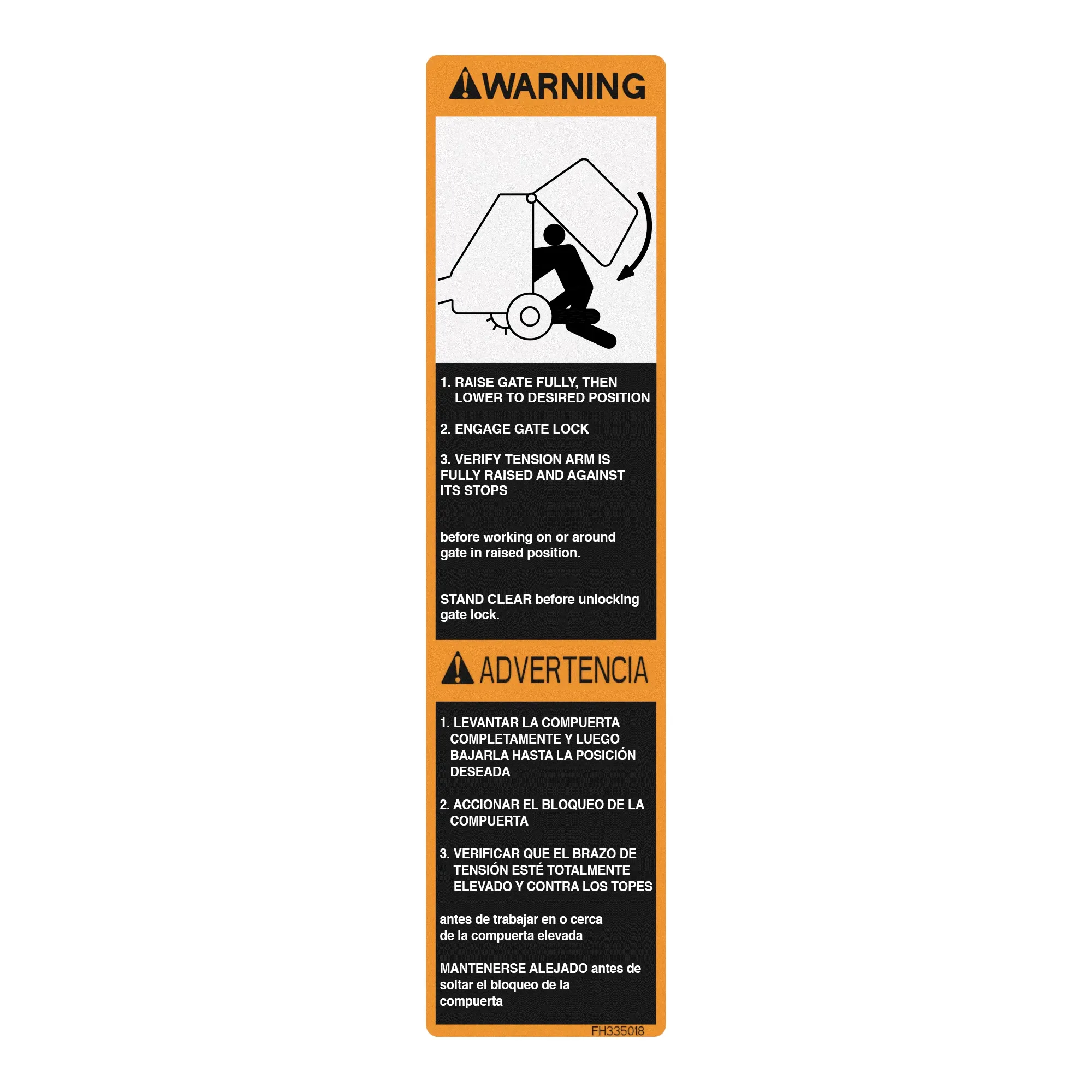 John Deere Gate Lock Warning Label, English and Spanish - FH335018