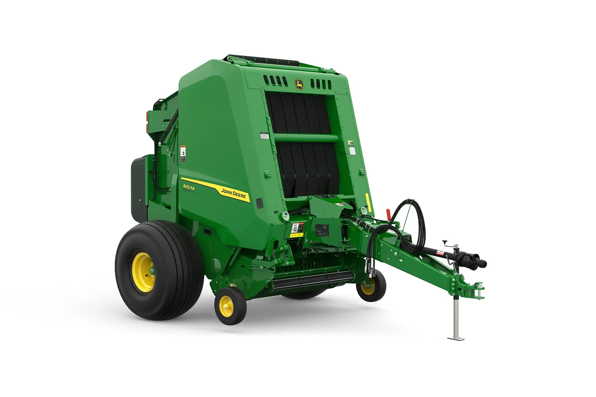 Studio rendering of 461M round baler shown from a front three-quarter angle on a white background, featuring a green body, yellow wheels, front hitch assembly, and visible bale chamber opening