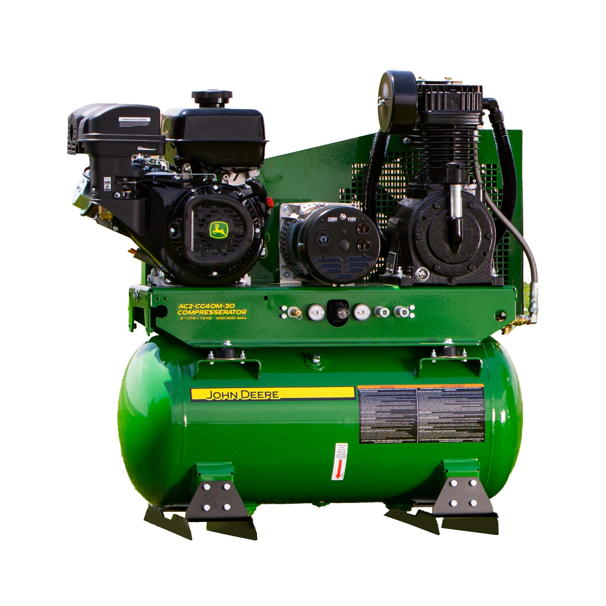 40-U.S. gal., 420-cc John Deere branded engine, 15.7 cfm @ 175 psi, 7,000 watts output, stationary