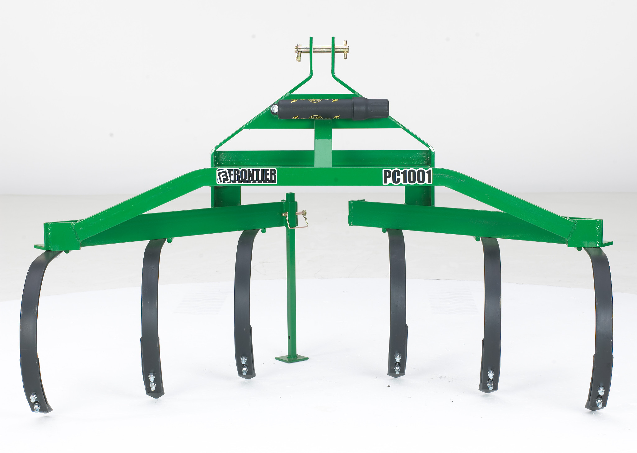 Green Frontier PC1001 cultivator with five curved shanks and a triangular steel frame on a white background