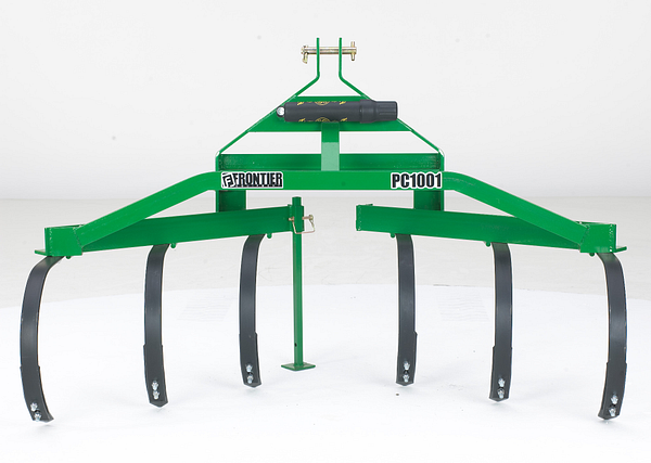 Green Frontier PC1001 cultivator with five curved shanks and a triangular steel frame on a white background