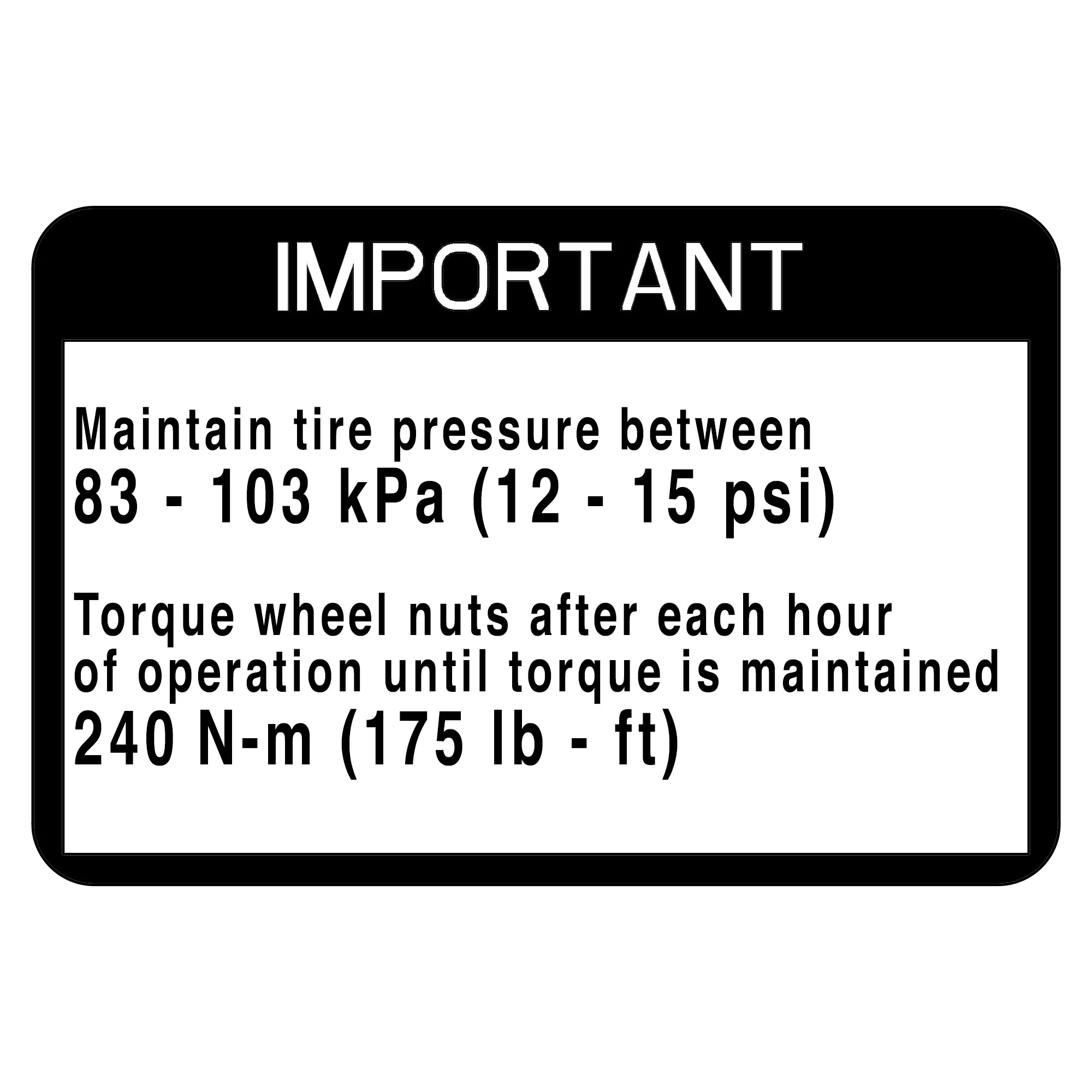 John Deere Label, Tire Pressure and Retorque - E131892