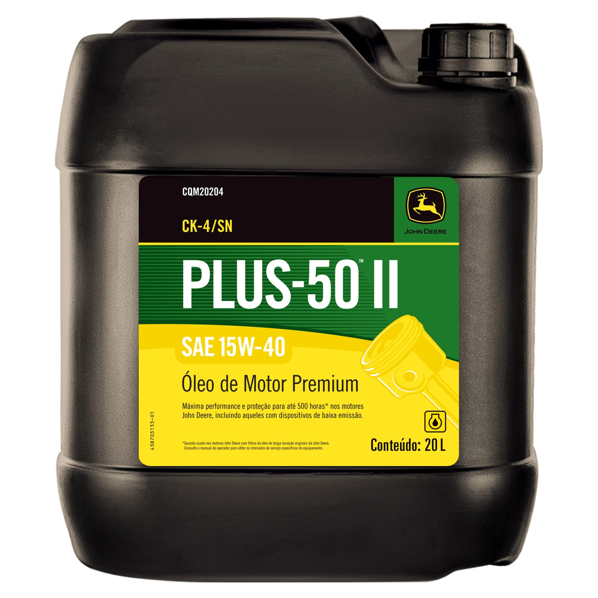 John Deere Engine Oil, Plus-50™ II, SAE 15W-40, API CK-4, 20 Liter (5.283 Gallon) - CQM20204