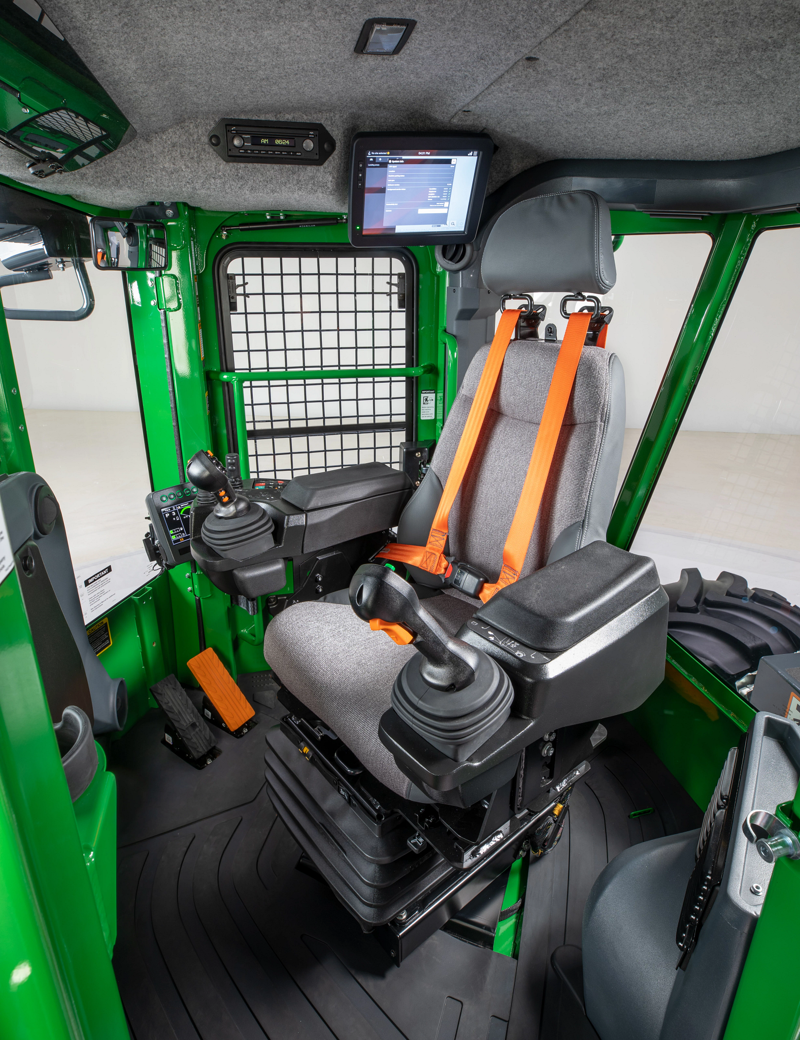View from left door of a 768L-II bogie skidder's cab interior