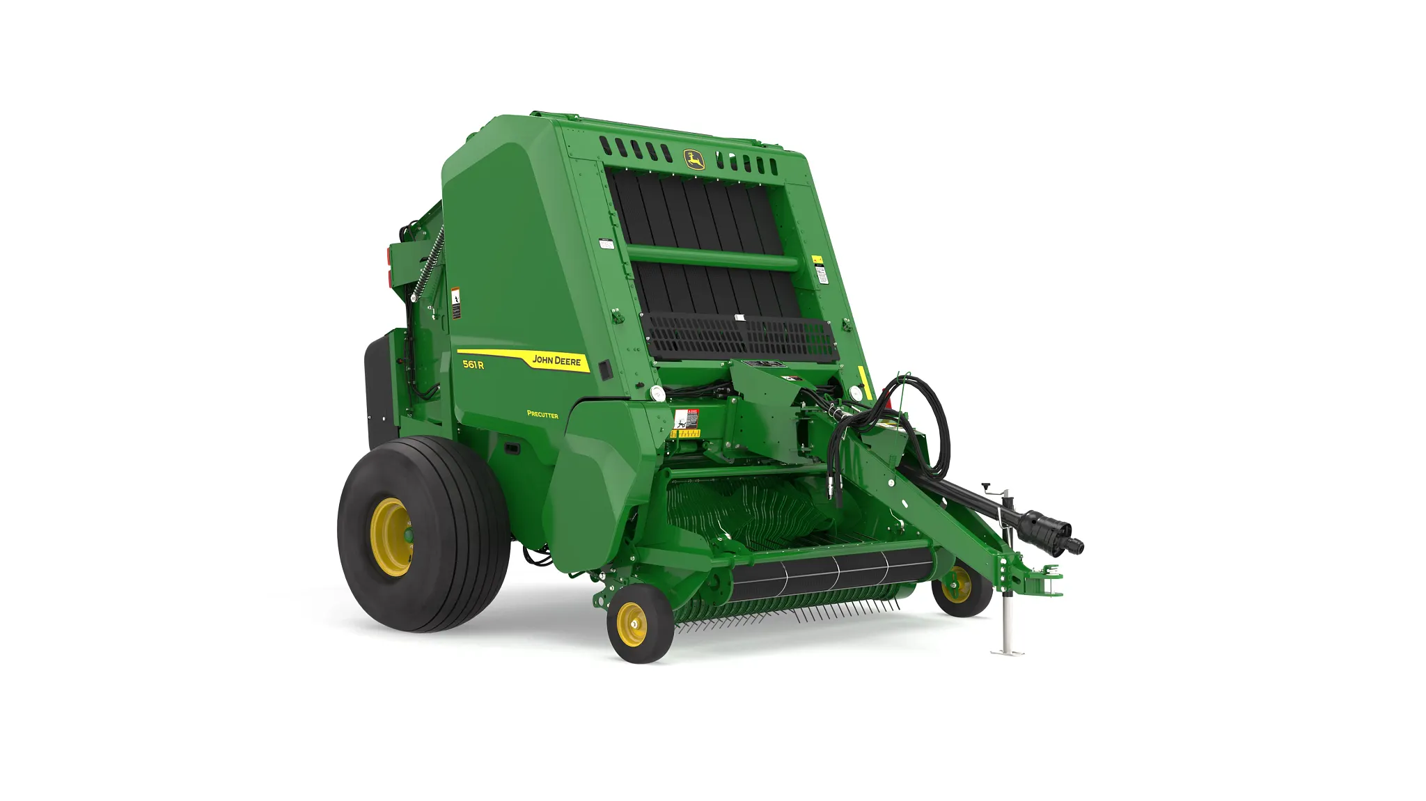 Copilot said: Front three-quarter view of a John Deere 561R round baler with Precutter, displaying the pickup reel, hitch assembly, green body, yellow wheels, and bale chamber on a white background.