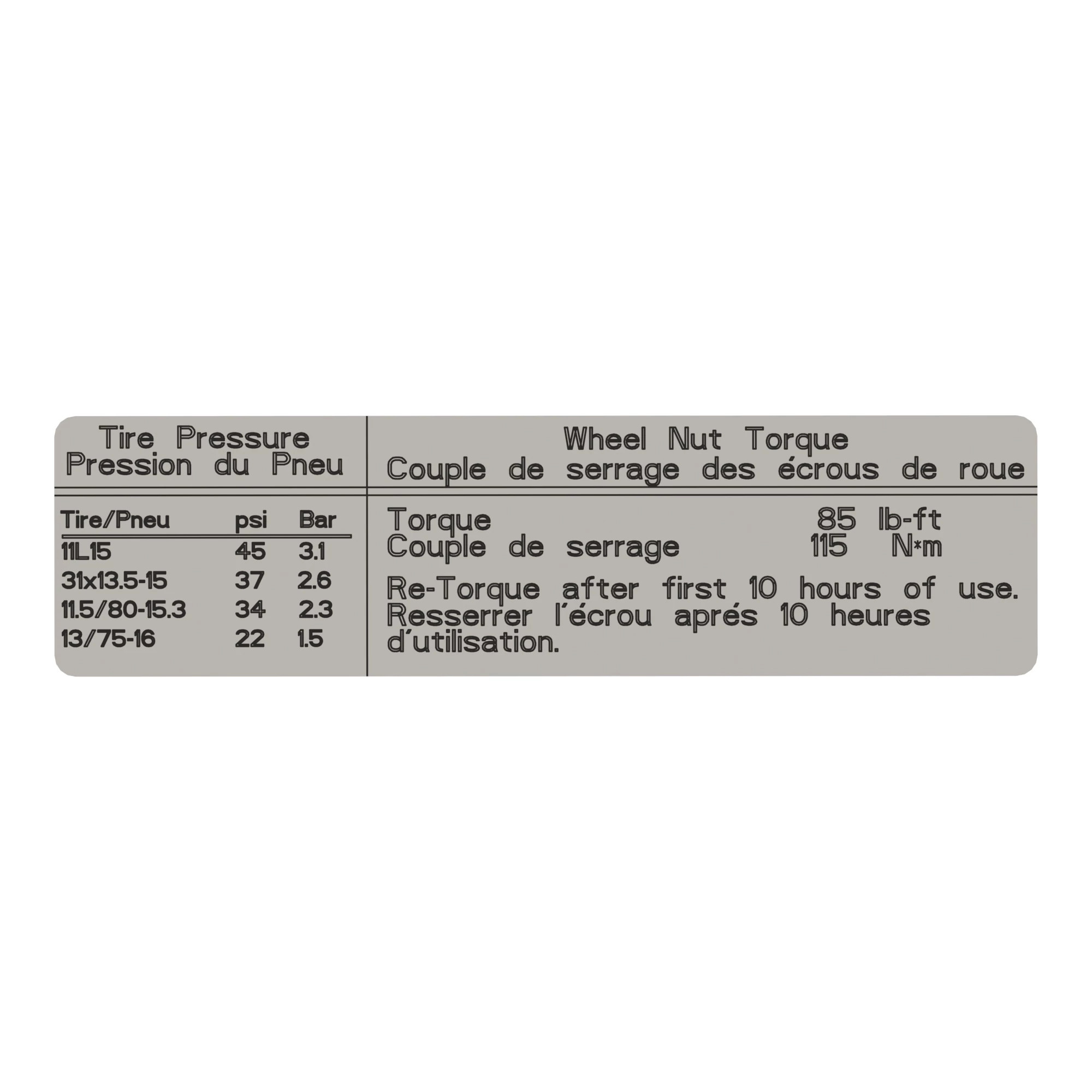 LABEL, TIRE PRESSURE - ENGLISH & FR