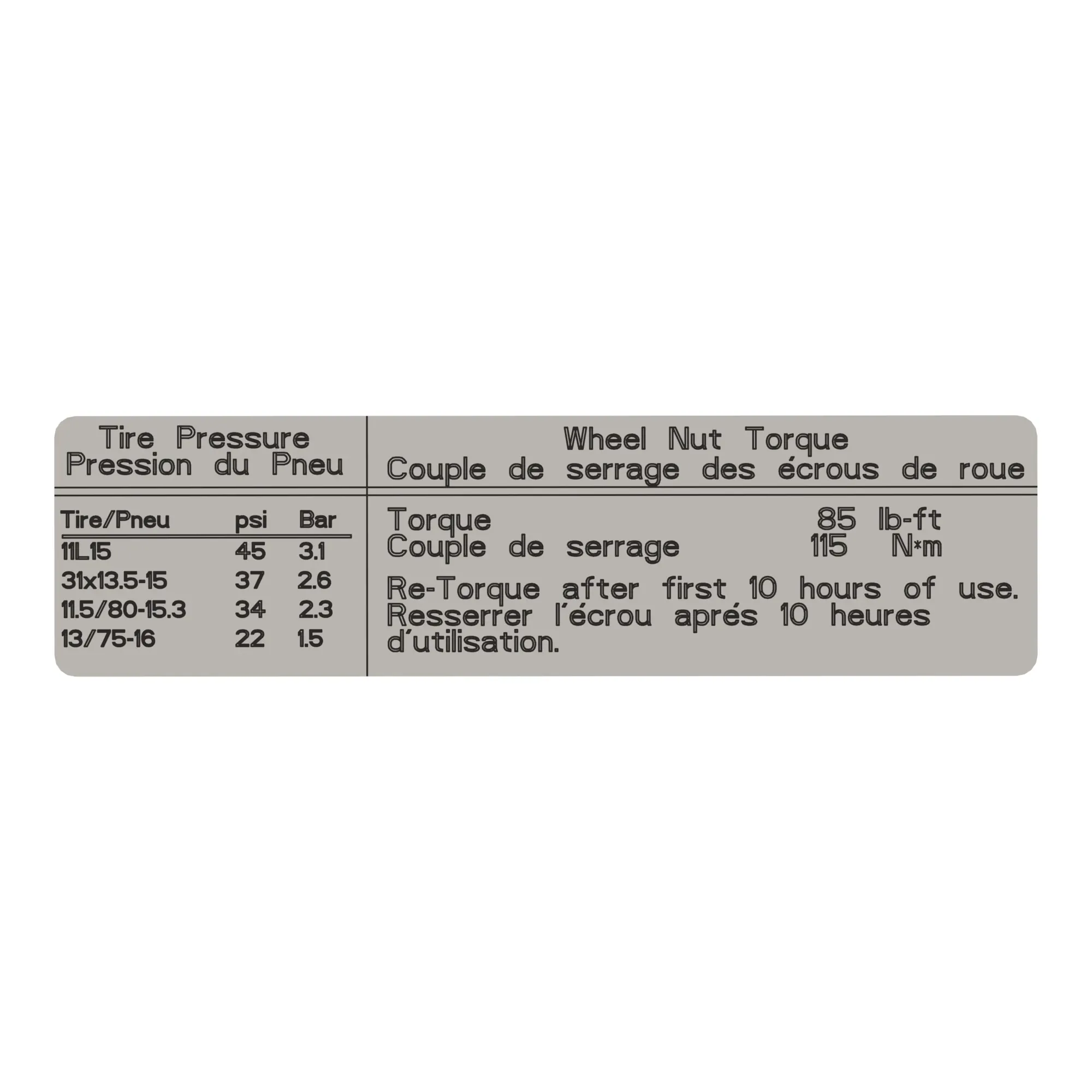John Deere Label, Tire Pressure, English and French - CC103785
