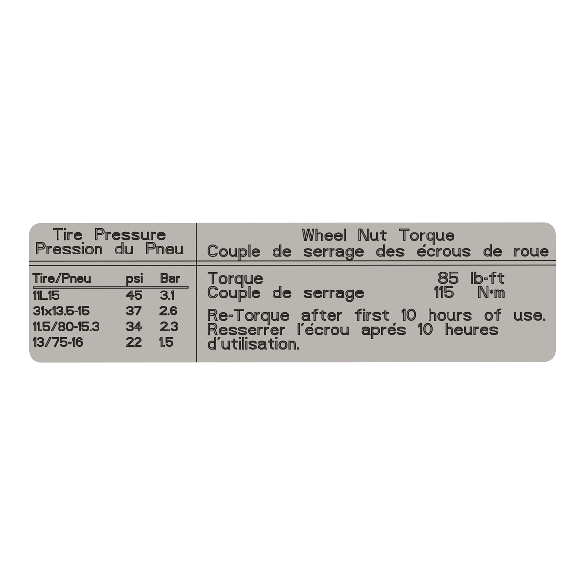 Label, Tire Pressure - English & Fr