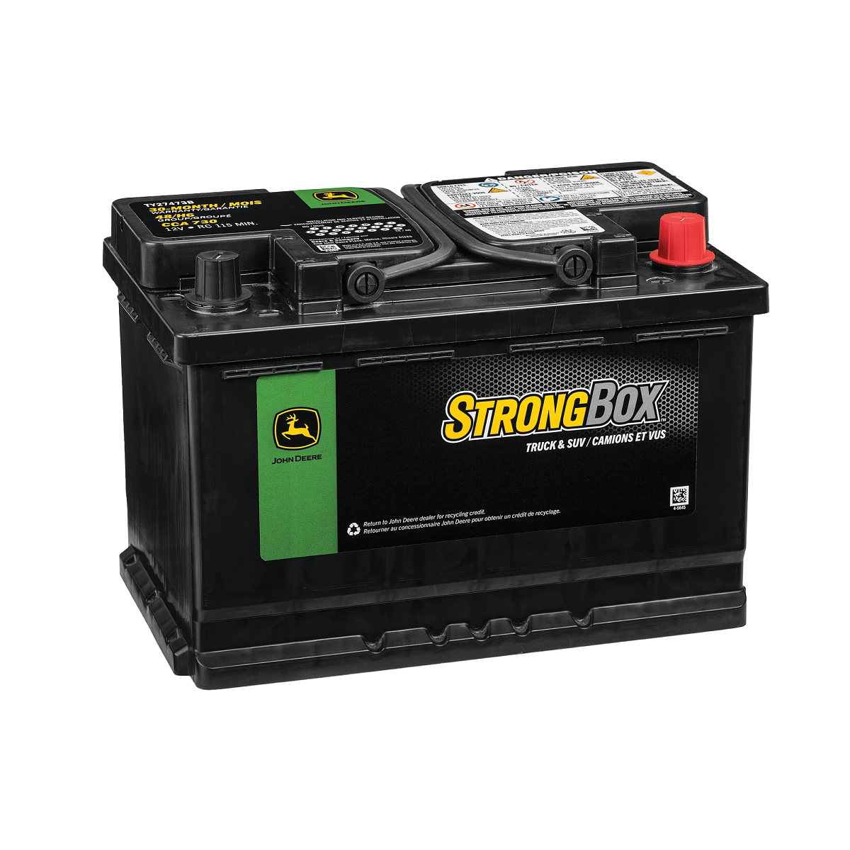 John Deere 12 Volt Battery, Wet Charged, 70 Ah, 730 CCA, 48 BCI - TY27473B