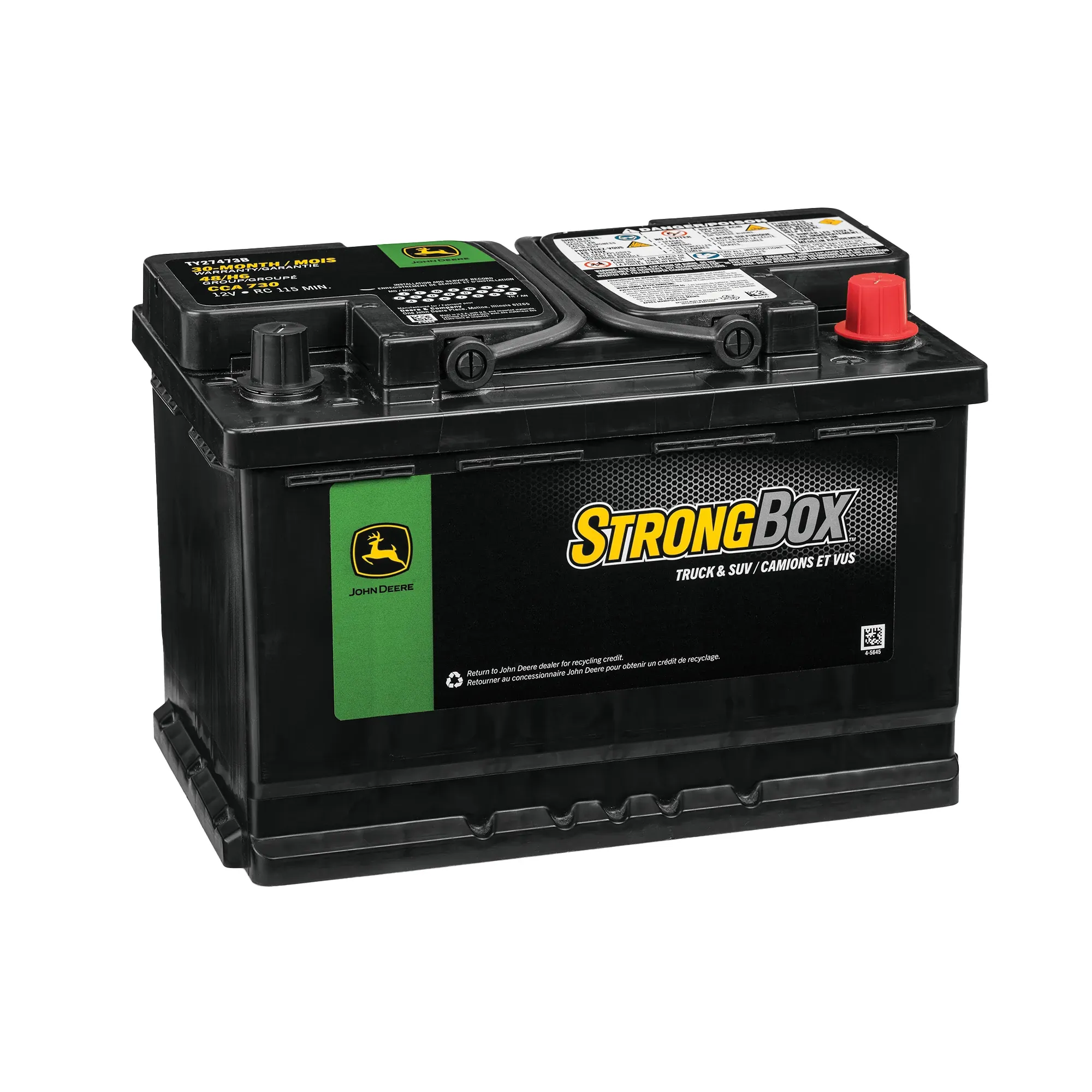 John Deere 12 Volt Battery, Wet Charged, 70 Ah, 730 CCA, 48 BCI - TY27473B