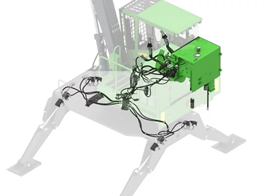 Transparent schematic view of a knuckleboom loader with a centrally mounted green electronic control box, wiring harnesses, and sensor connections routed across the frame