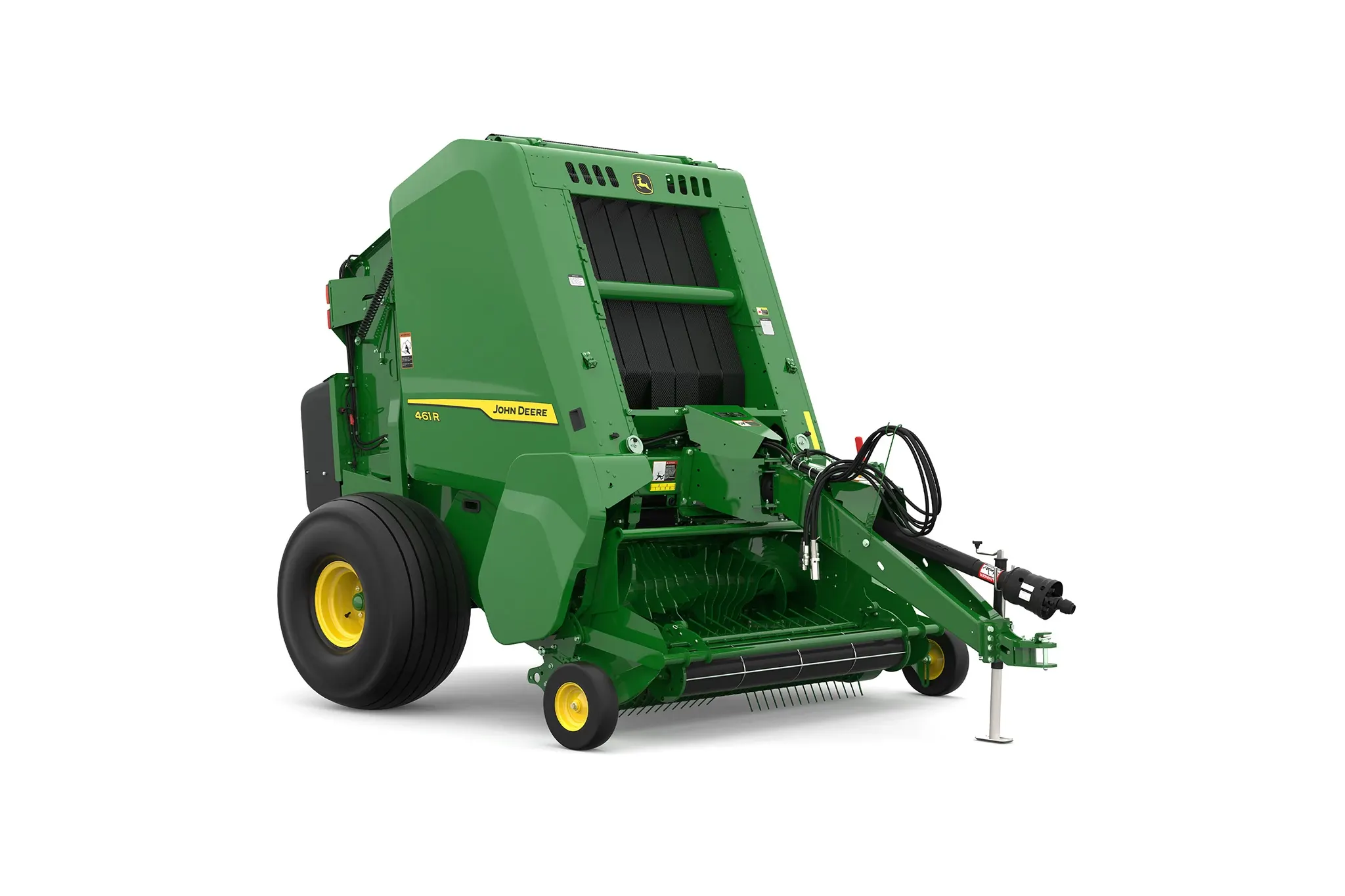 Studio rendering of 461R round baler shown from a front three-quarter angle on a white background, featuring a green body, yellow wheels, exposed pickup assembly, bale chamber opening, and front tow hitch with hydraulic hoses