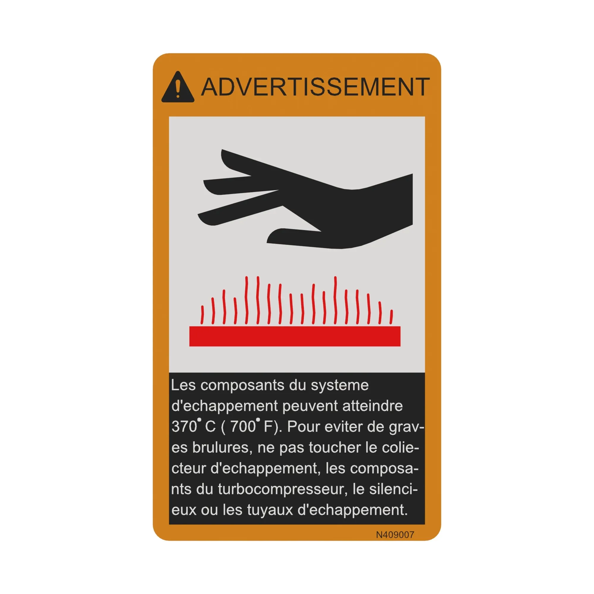 John Deere Exhaust Heat Warning Label, French - N409007