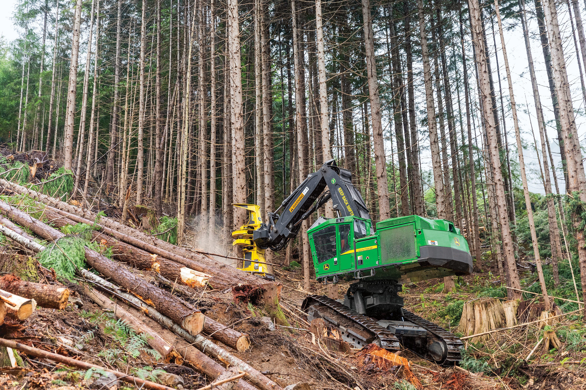 John Deere tracked harvester processes stacked logs on a steep forest slope, using a yellow cutting head amid tall pine trees, with cut timber and debris covering the uneven ground.