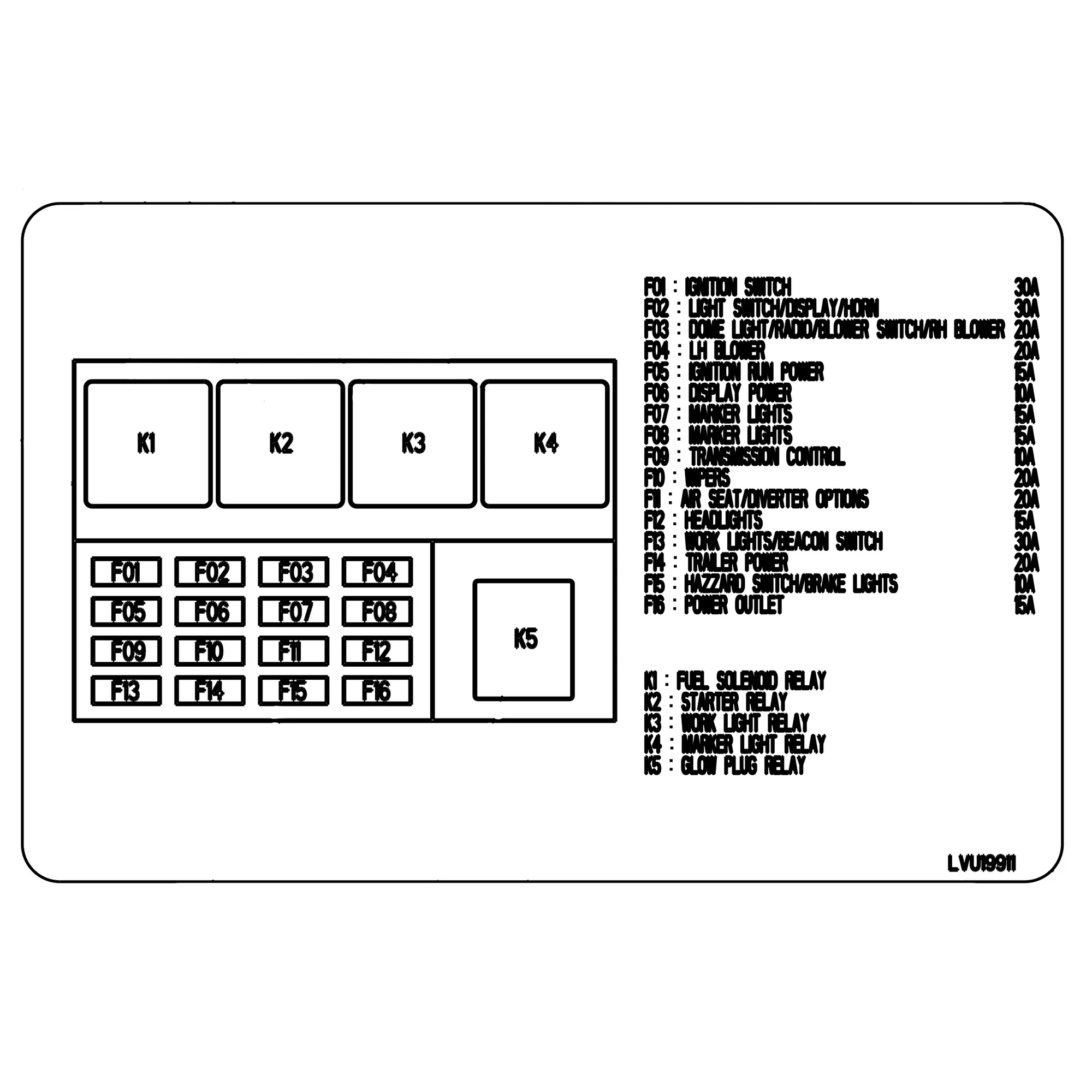 John Deere Fuse Panel Label, Cab Dom 4X20 - LVU19911