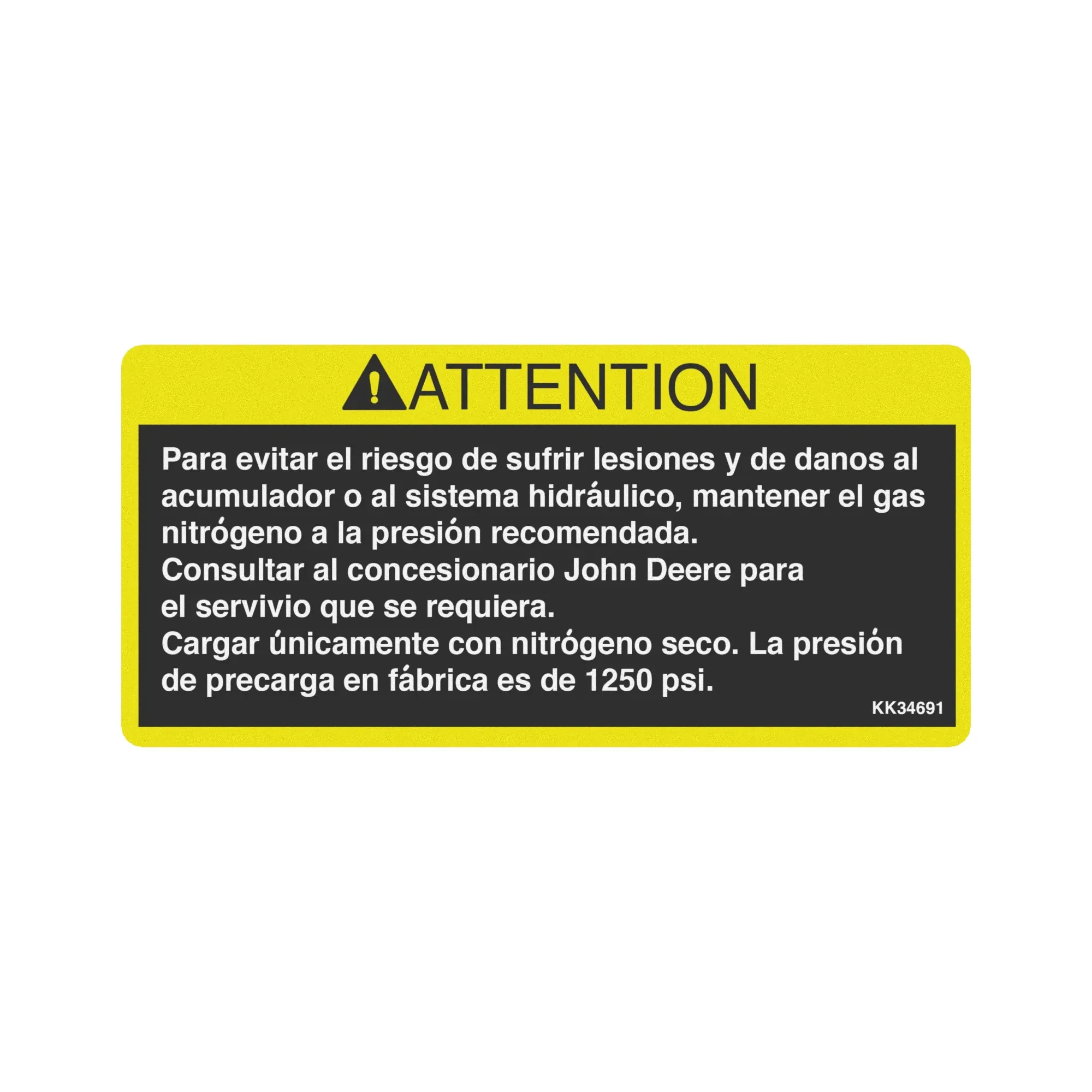John Deere Safety Sign, Accumulator Caution, Spanish - KK34691