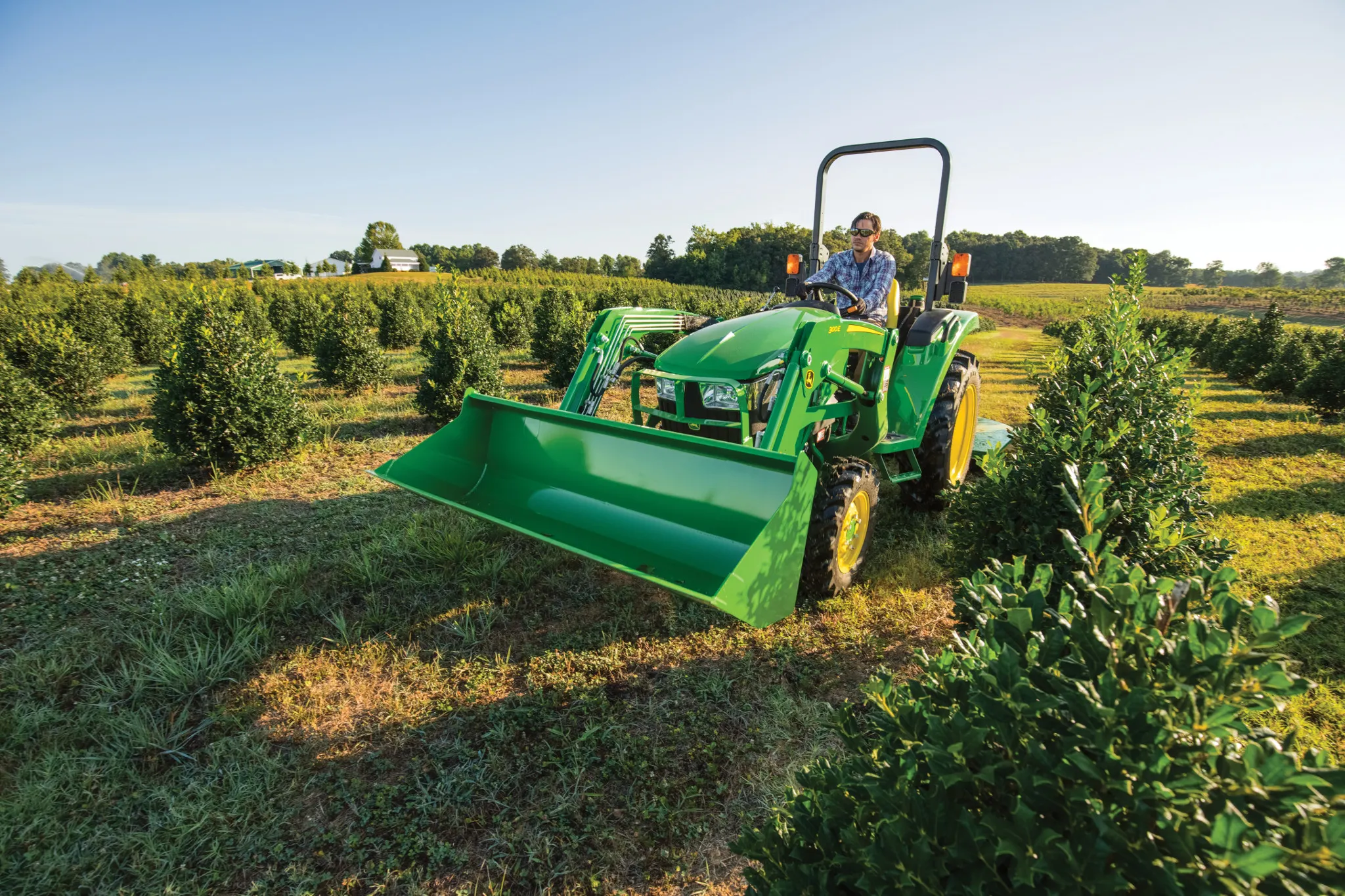 An operator on a green tractor with a front loader drives between rows of neatly planted trees in an orchard under bright daylight with a clear sky and expansive land in the background