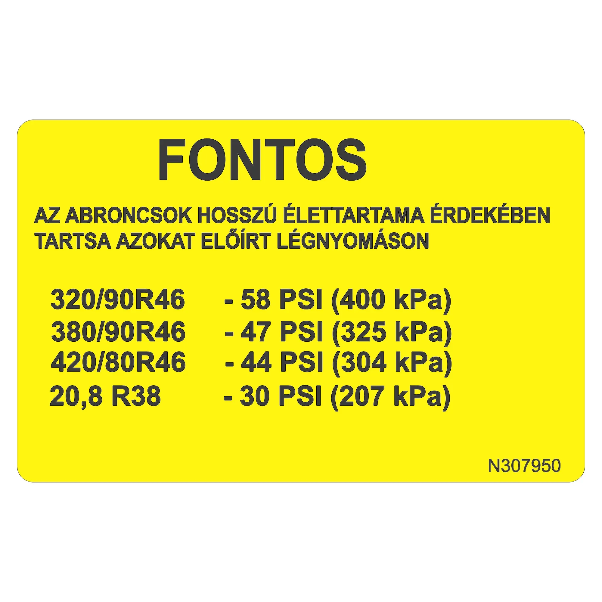John Deere Tire Pressure Label, Hungarian - N307950