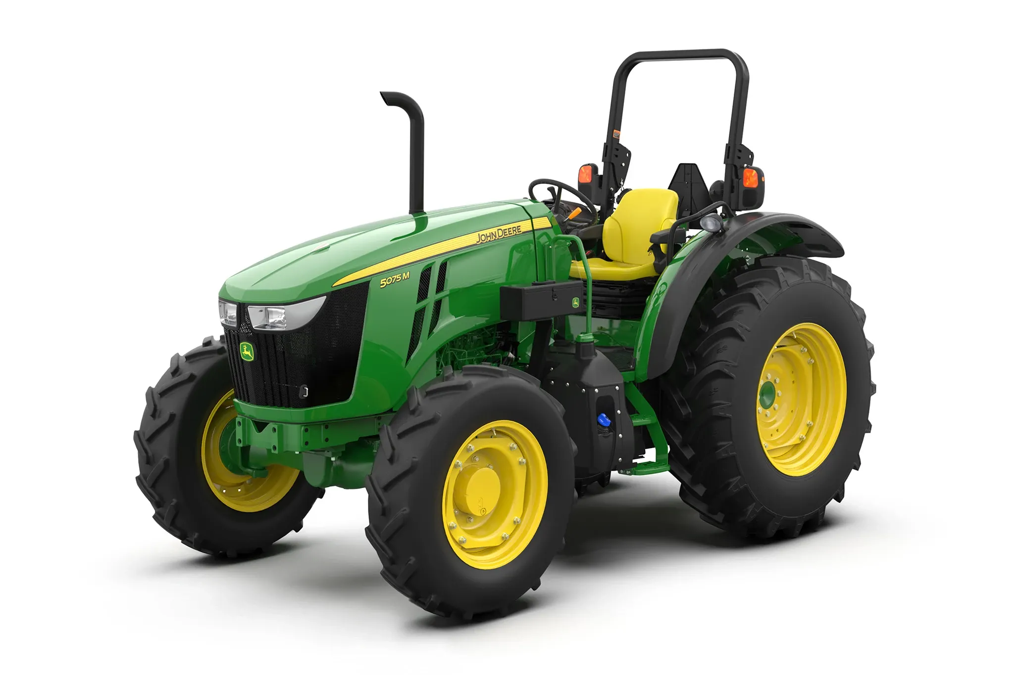 Studio image with left front view of 5075M utility tractor.