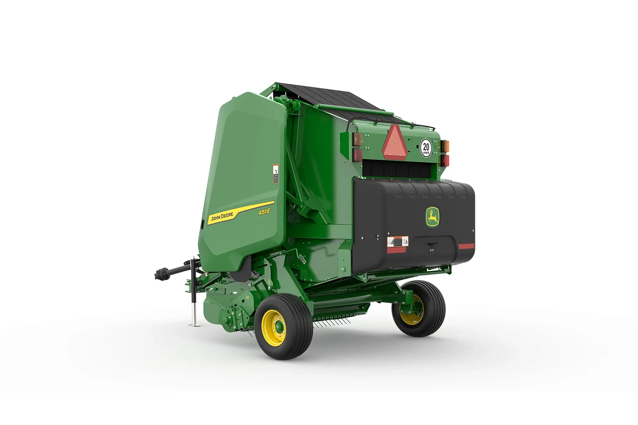 Rear-left close-up studio rendering of John Deere 451E Round Baler