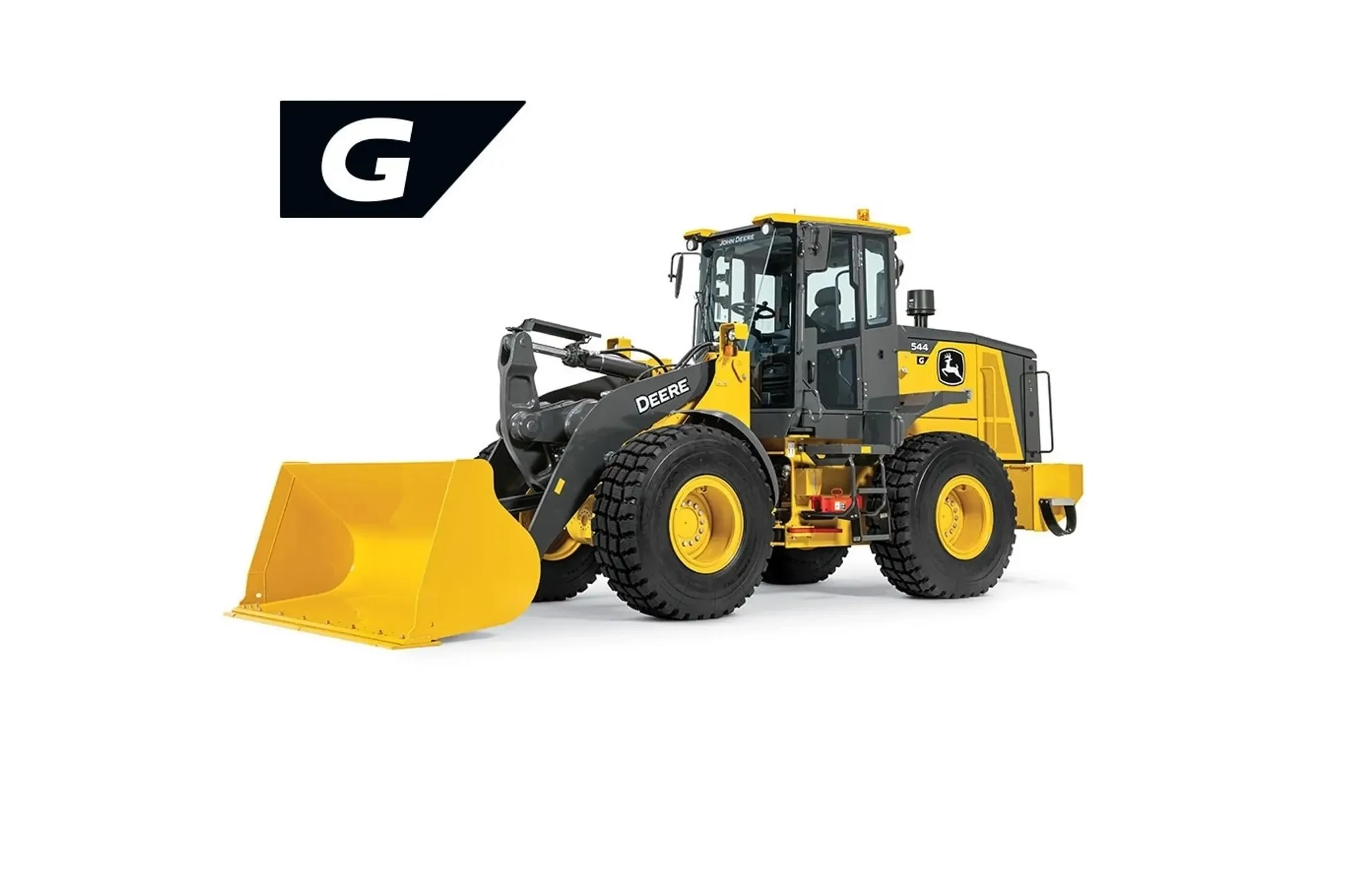 Front left studio view of a John Deere 544 G-Tier Wheel Loader with G-Tier badge