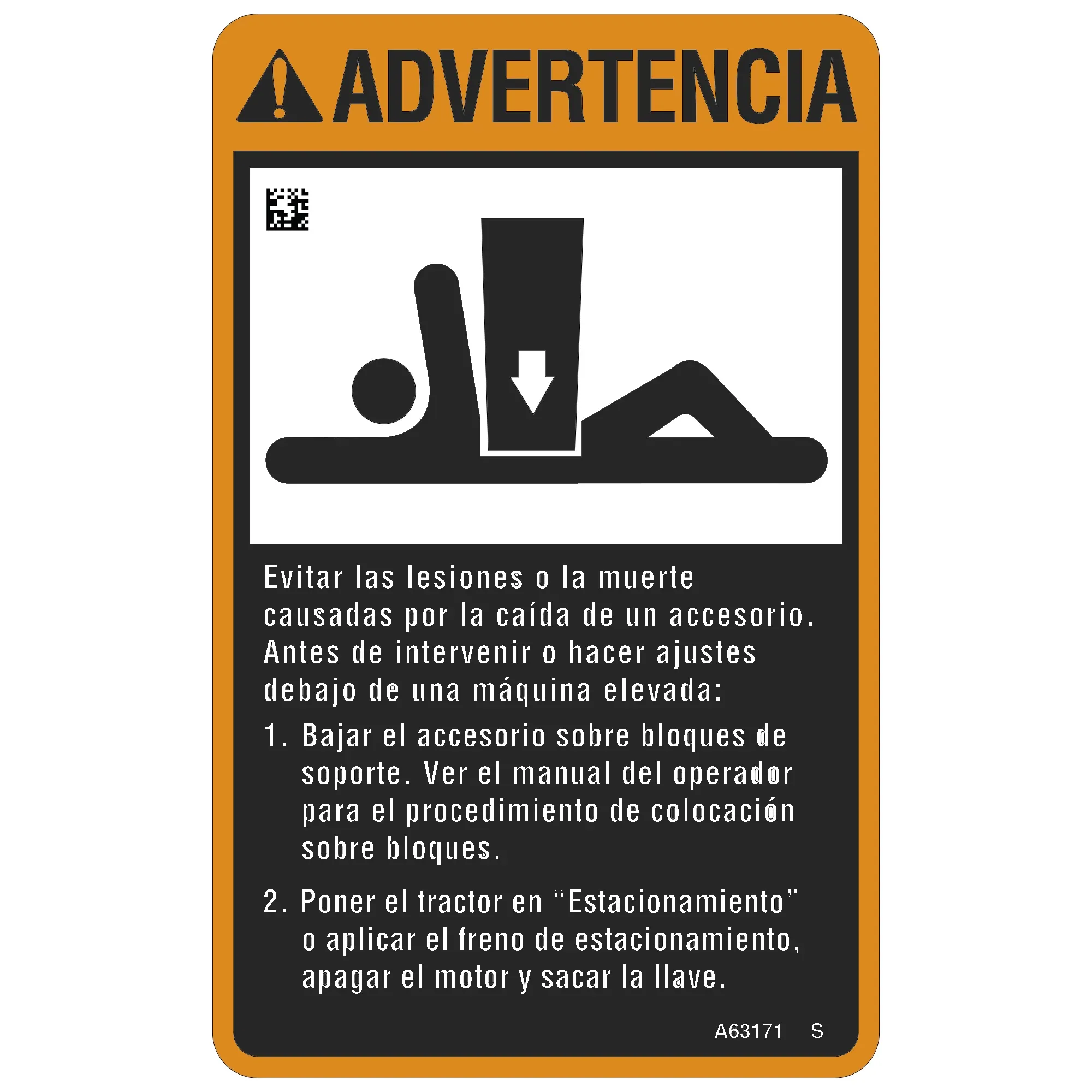 John Deere Safety Sign, Warning, Spanish - A63171