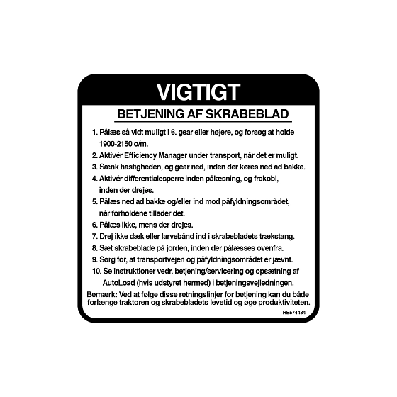 John Deere Scraper Operation Label, Danish - RE574484