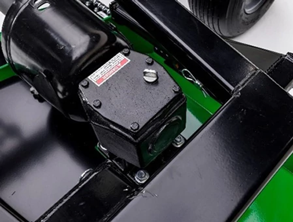 Close-up studio view of a Frontier grooming mower's black-painted mechanical component